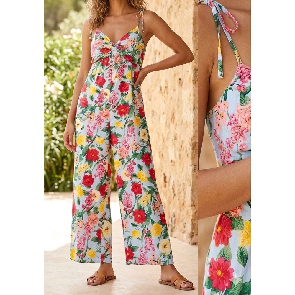 Old Navy Jumpsuit  XL Linen Blend Floral sleeveless Tie Wide Leg boho beach Airy